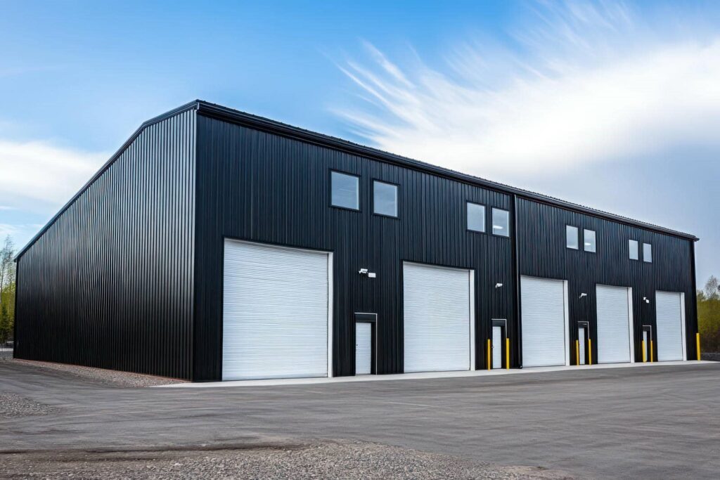 Large black steel agricultural building exterior