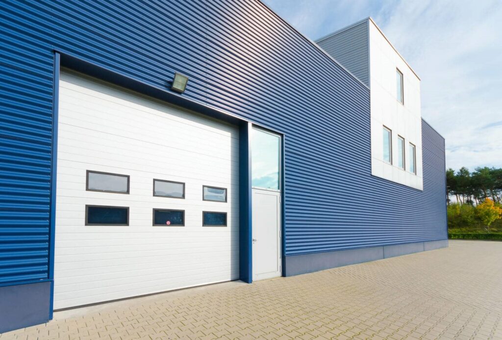 Modern blue steel garage exterior