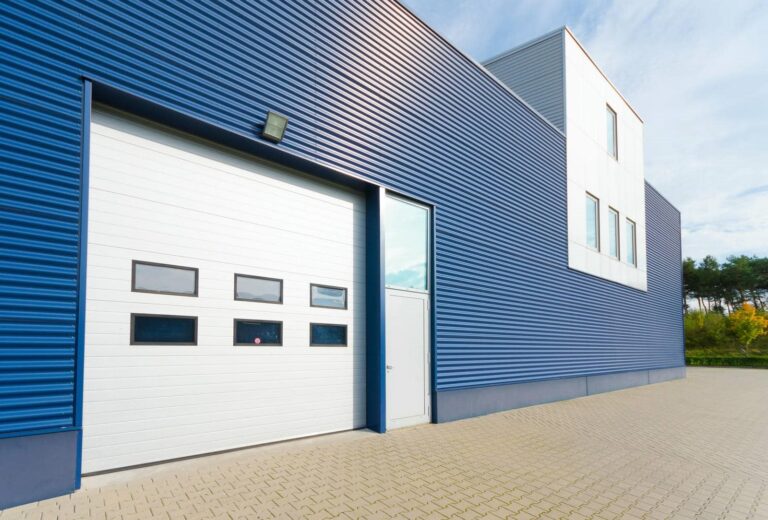 Modern blue steel garage exterior