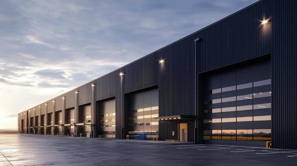 Modern industrial warehouse with loading bays.