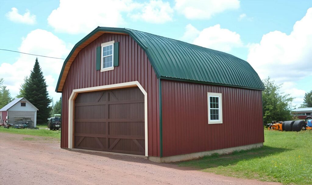 Red barn with green roof