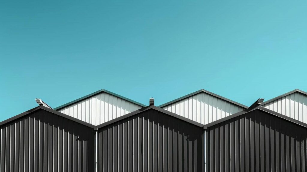 Geometric metal buildings against blue sky