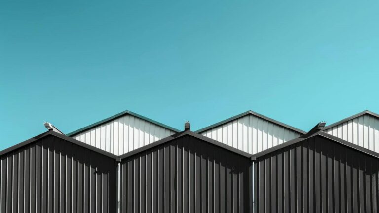 Geometric metal buildings against blue sky