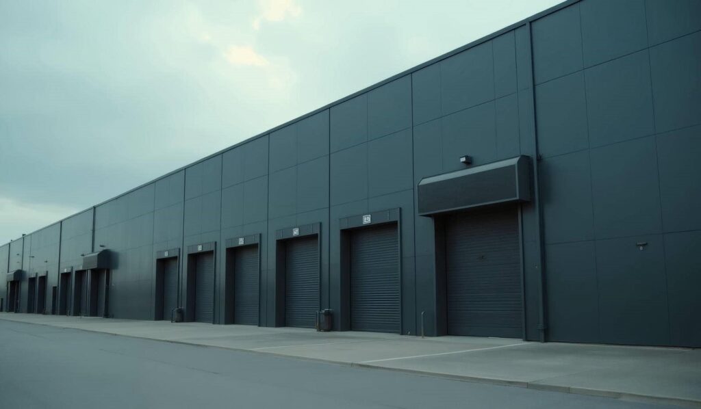 Row of industrial metal warehouse doors