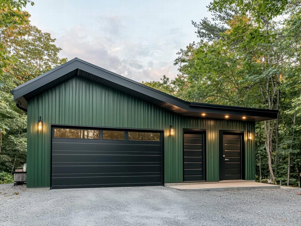 Modern green metal garage in nature