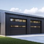 Modern black metal garage with three large doors.