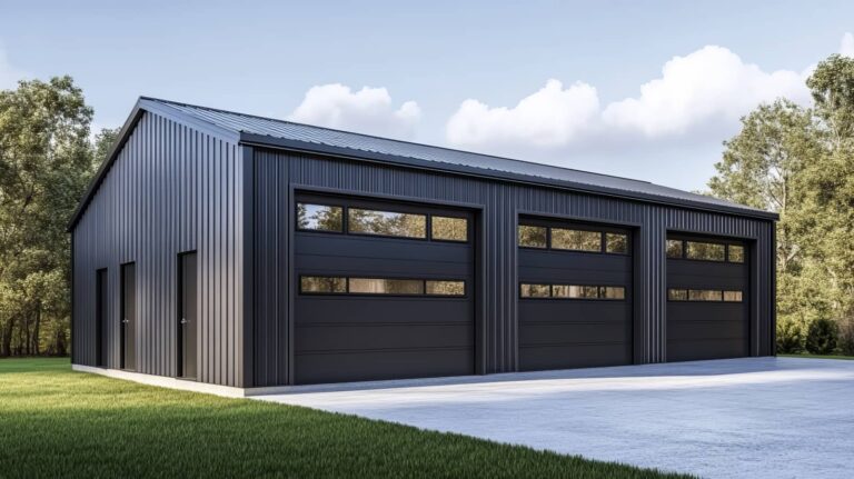 Modern black metal garage with three large doors.