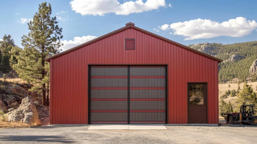 Red metal barn in scenic landscape.