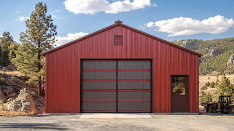 Red metal barn in scenic landscape.