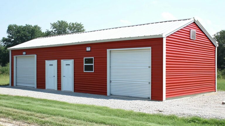 Red steel barn with roll-up doors