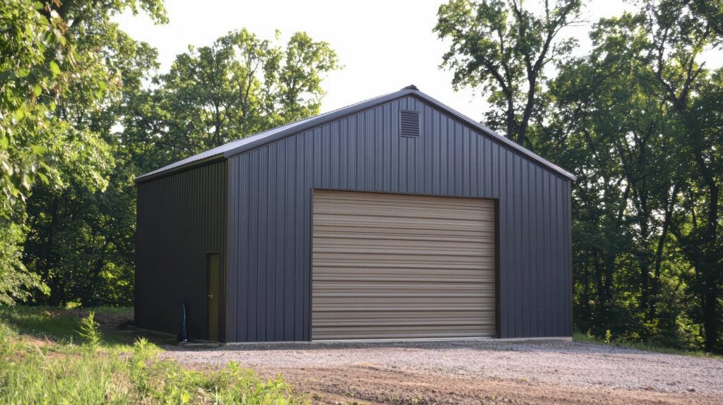 Metal building surrounded by trees.