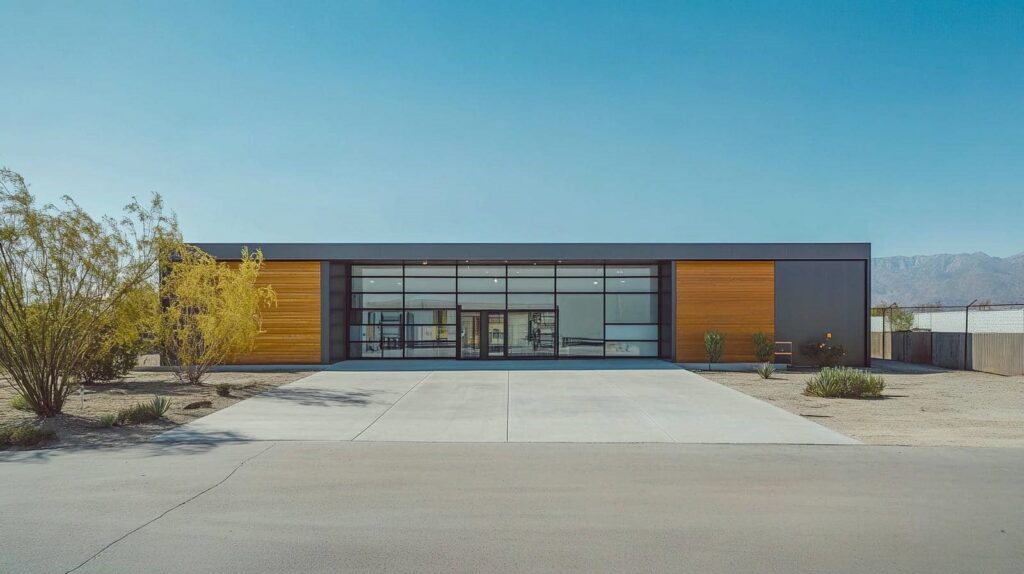 Modern warehouse with large glass facade
