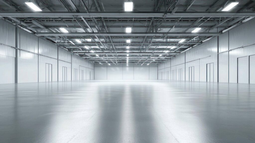 Spacious, empty metal warehouse with bright lighting.