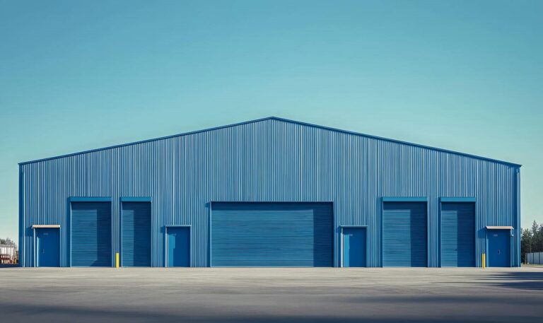 Large blue metal building with doors