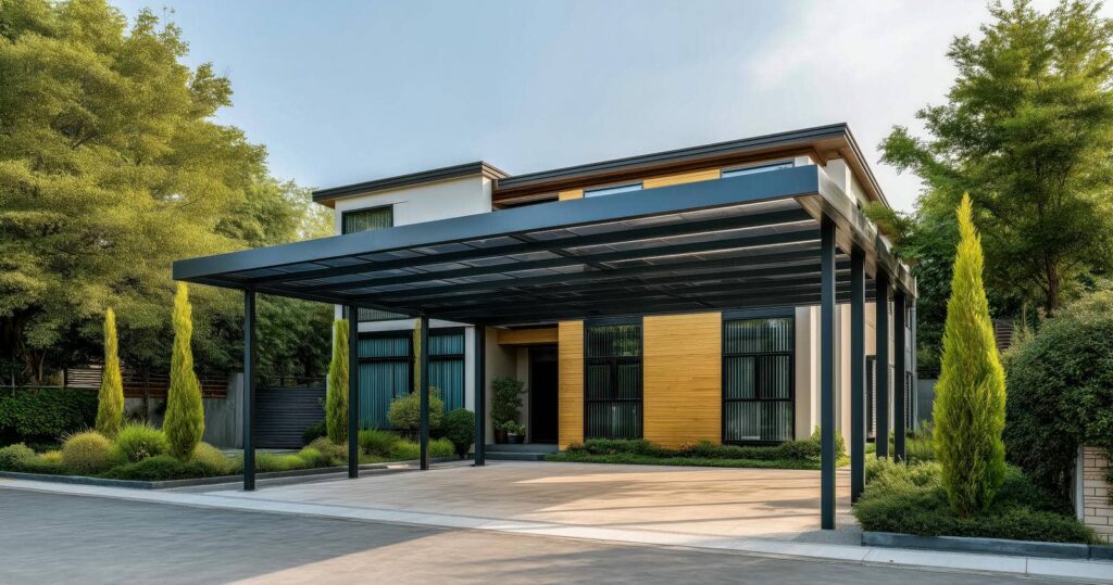 Modern metal carport beside stylish house