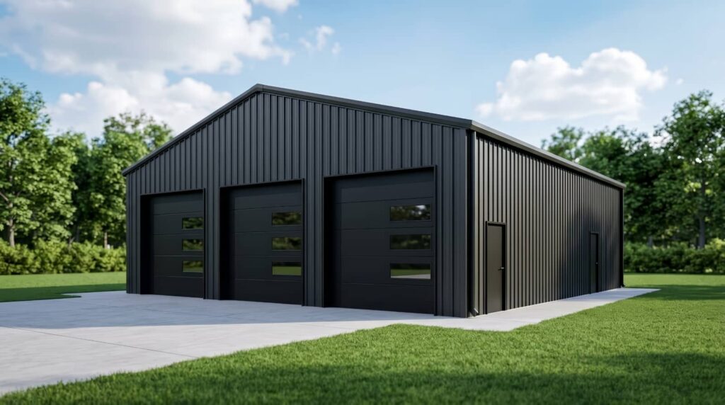 Black metal garage building with three large doors.