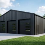 Black metal garage building with three large doors.