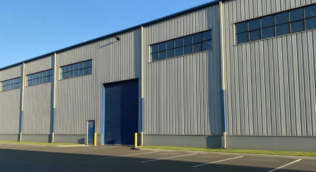 Large metal building with blue accents