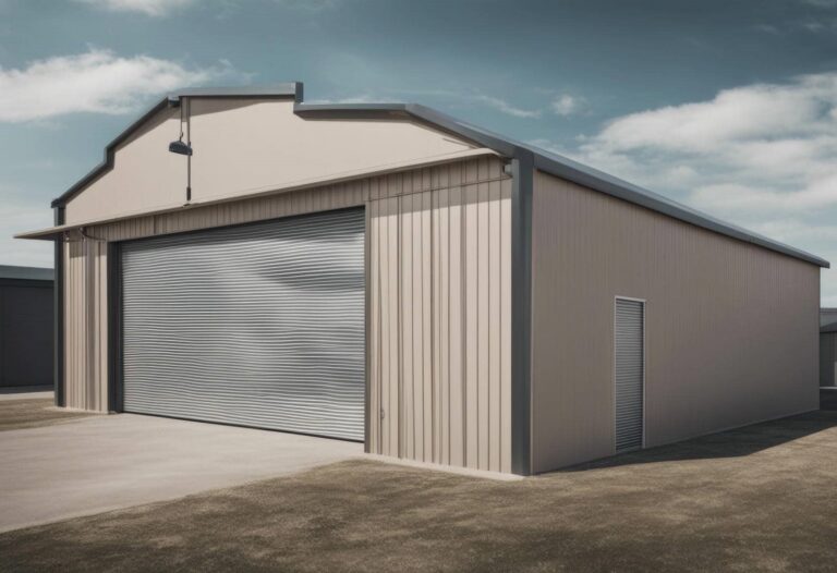 Large metal garage with roll-up door