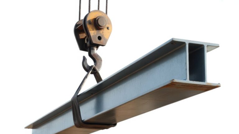 Crane hook lifting a steel I-beam.