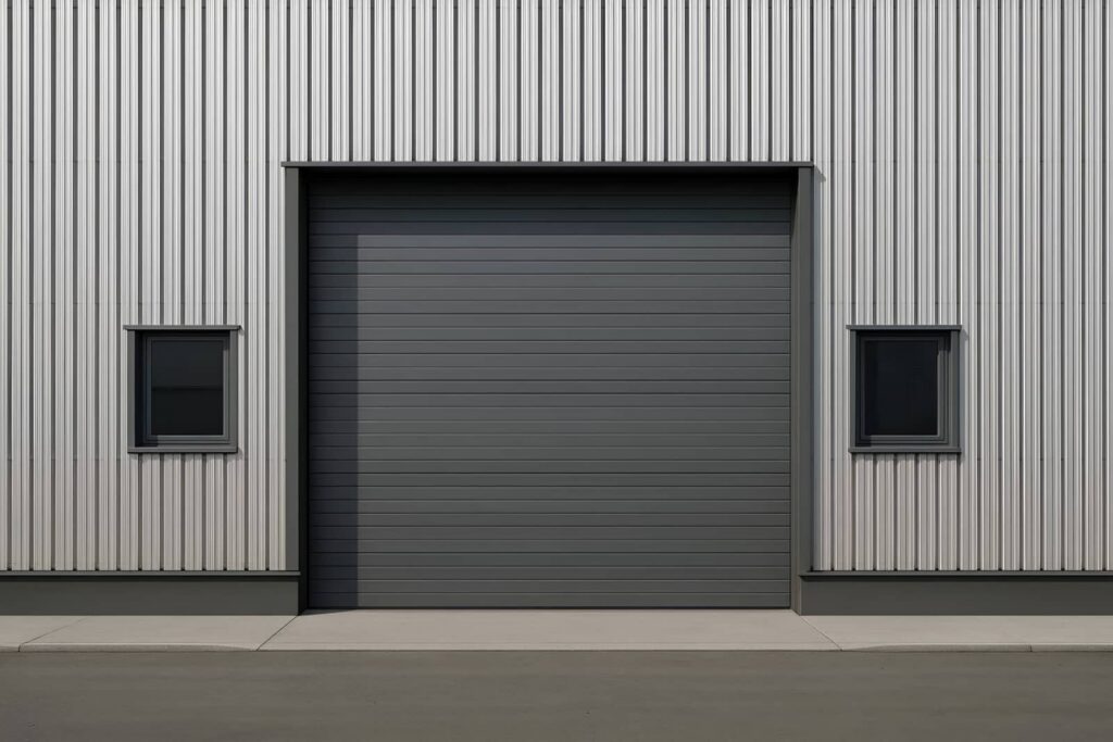 Industrial metal building with a large gray roll-up door and two small windows.