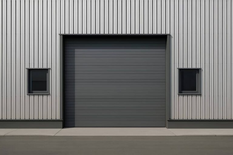 Industrial metal building with a large gray roll-up door and two small windows.