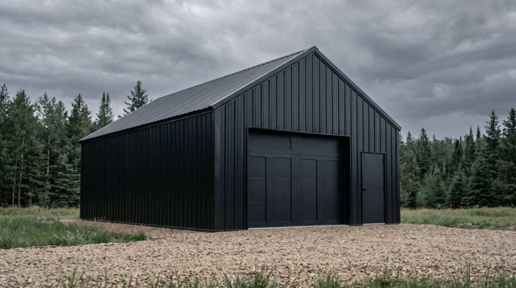 Black metal barn in a forest clearing under cloudy skies.