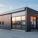 Modern industrial building with dark metal siding and large glass windows.