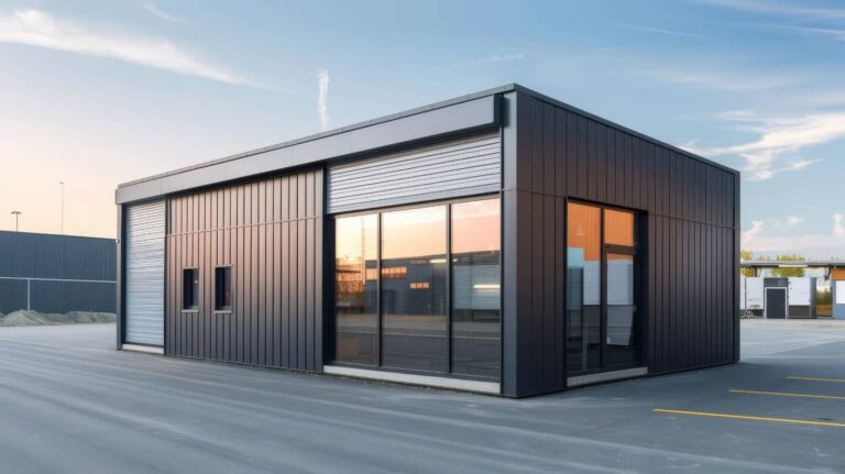 Modern industrial building with dark metal siding and large glass windows.