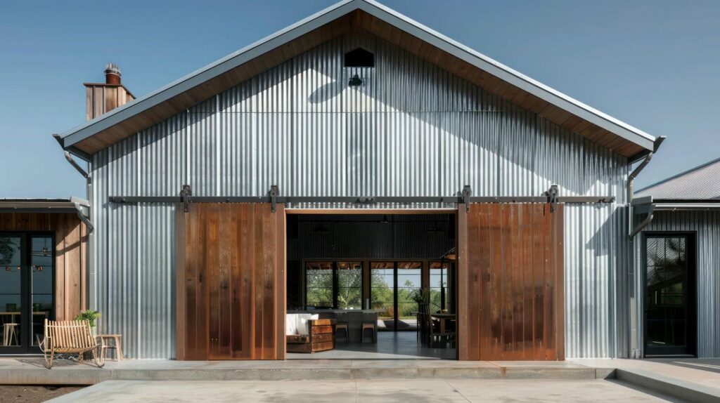 Modern metal barn with wooden accents
