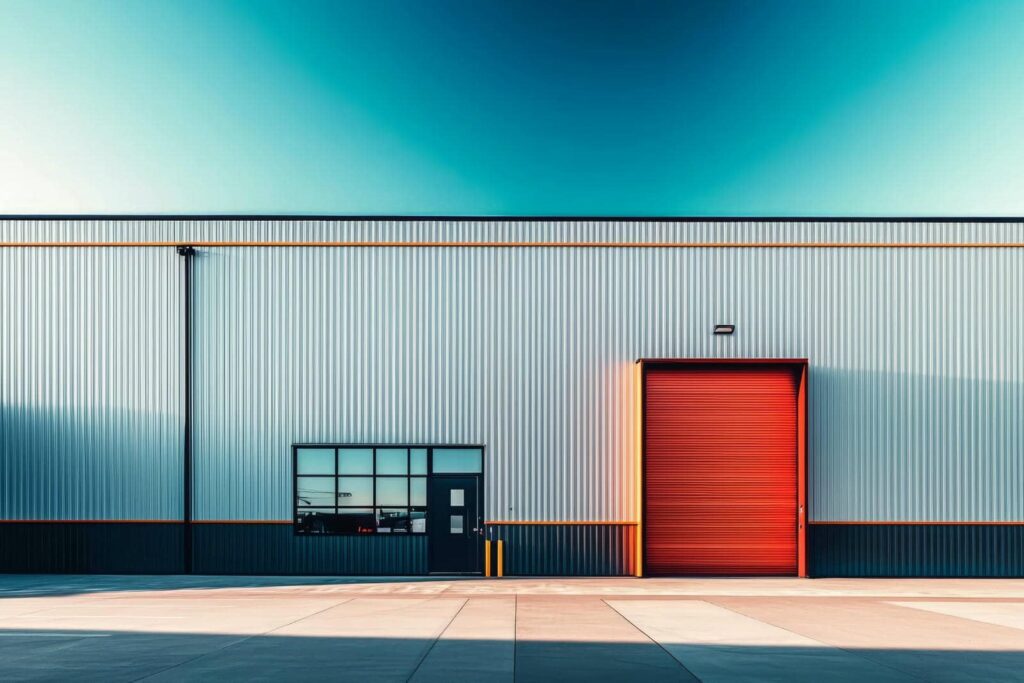 Modern industrial building with red door