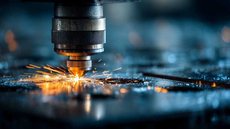 Laser cutting metal with sparks flying