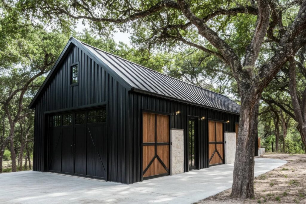 Modern black garage surrounded by trees