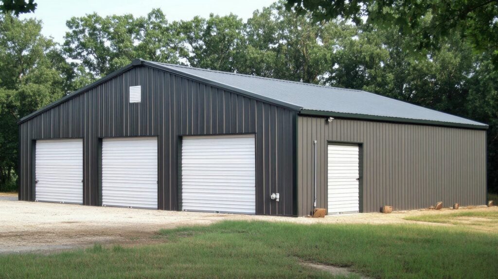 Large metal warehouse with roll-up doors