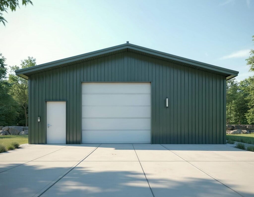 Modern green steel workshop building exterior