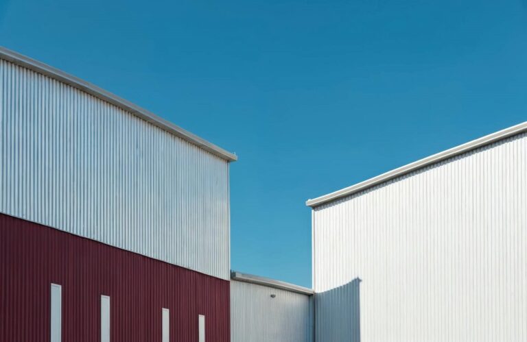 Two metal buildings under clear blue sky