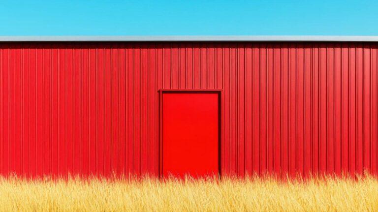 Bright red metal barn with golden grass