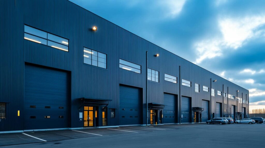 Modern metal warehouse with loading docks