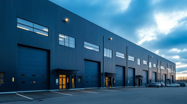 Modern metal warehouse with loading docks