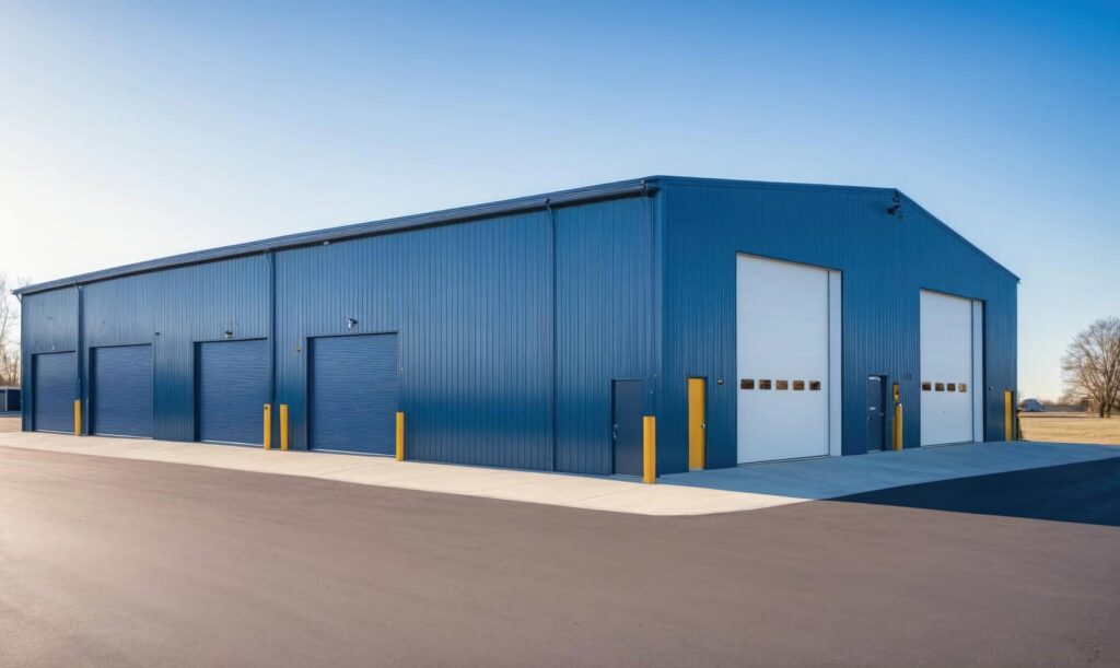 Large blue metal warehouse with doors