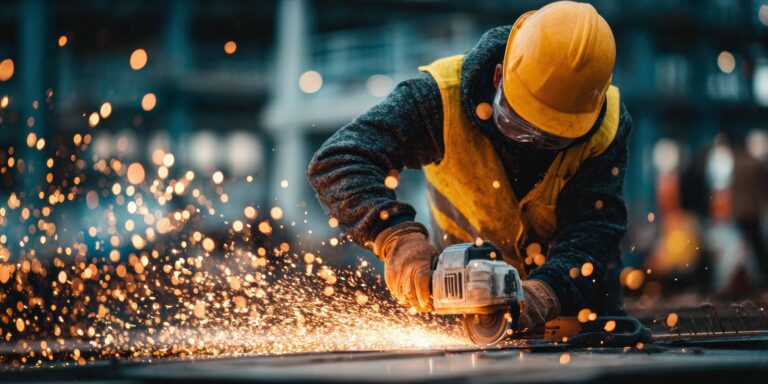 Worker cutting metal, sparks flying
