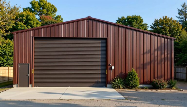 Large red metal building with garage door