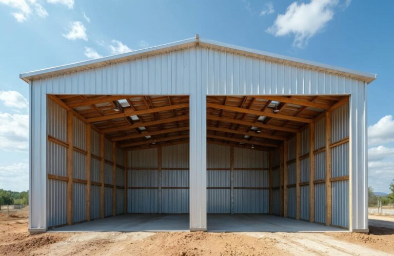 Large metal barn with open doors