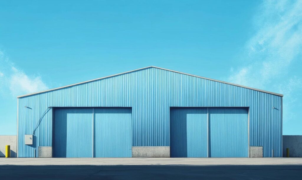 Large blue metal warehouse under clear sky