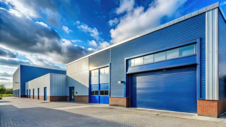 Modern blue metal warehouses under clouds
