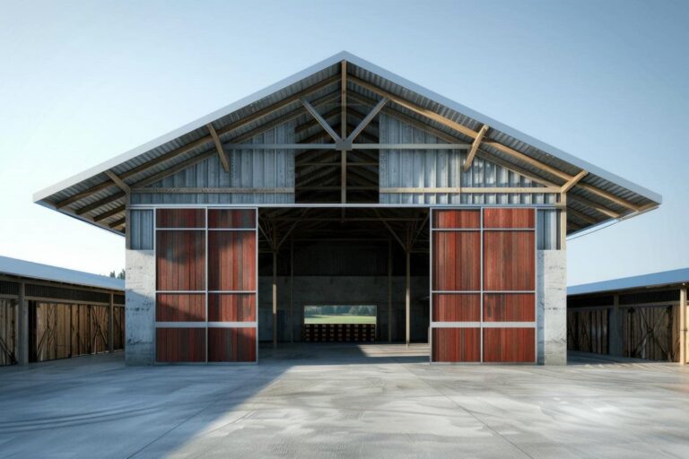 Large metal barn with open doors