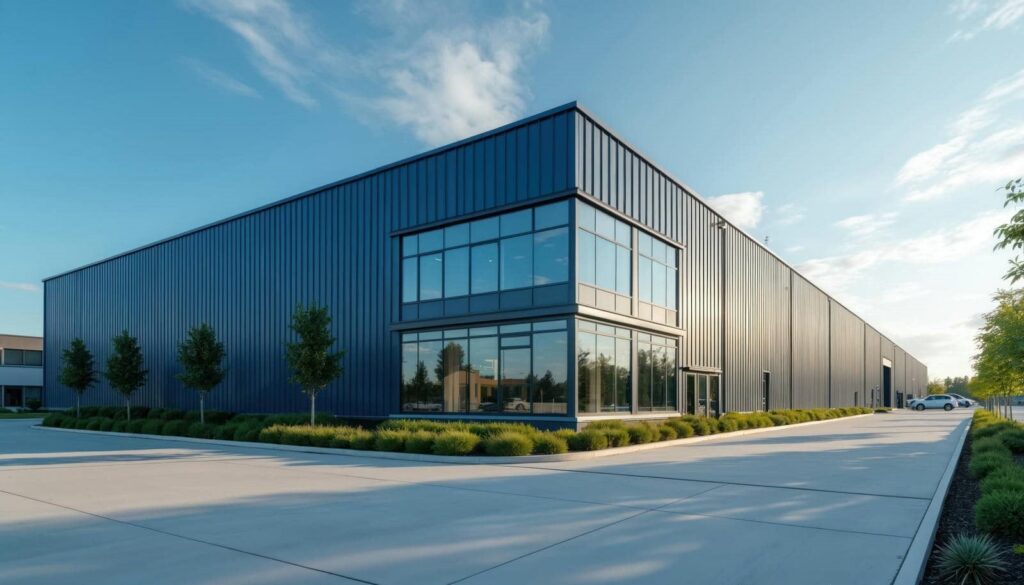 Modern industrial metal warehouse exterior