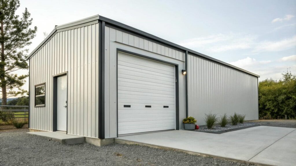 Modern steel garage with large door