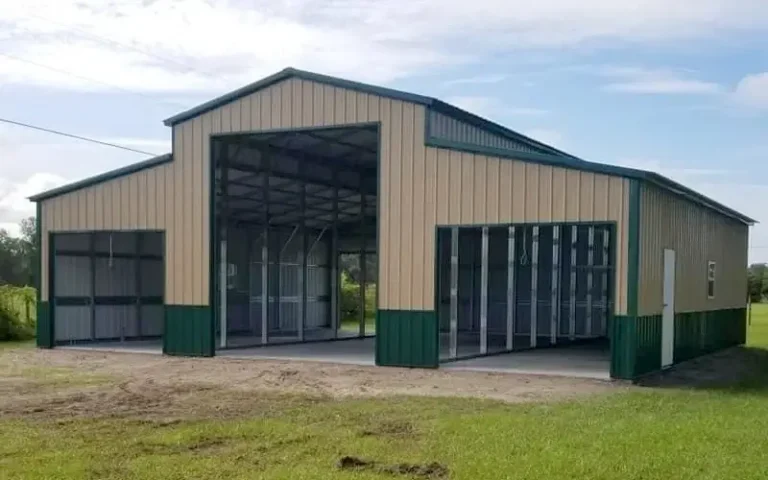 Custom metal barns built with durable green trim accents