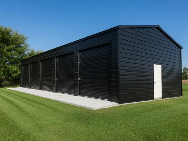 Metal warehouse buildings with clear-span black steel exterior